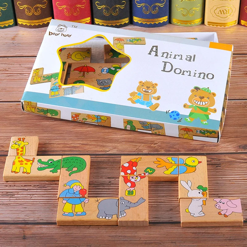 15 Pcs Wood Animal Domino Puzzle Wooden Toys for Children Jigsaw Puzzle Solitaire Game Kid's Montessori Educational Toy for Kid