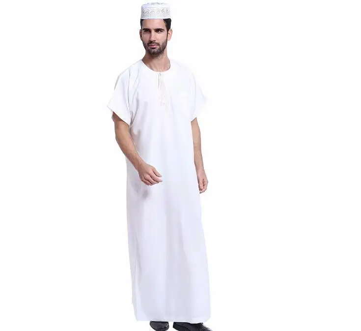 Модные Для мужчин арабских кафтан Саудовская с коротким рукавом Thoub Абаи длинный халат Daffah Dishdasha мусульманских Костюмы для Для мужчин