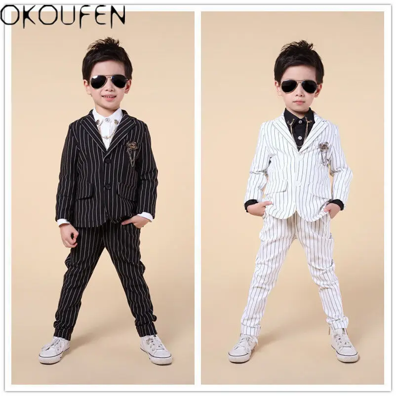 

2pcs Toddler Baby Boy Handsome Gentleman Suit Black/White Striped Coat+Pants Set