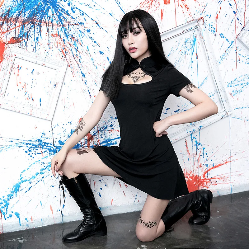 

Summer Rock Punk Party Gothic Black Cheongsam Hollow Out Bodycon Night Club Mini Dress Women Sexy Harajuku Short Sleeve Dresses