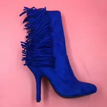 Синие женские полусапожки с острым носком, с кисточками, с боковой молнией, сапоги до колена, женские туфли на высоком каблуке, на шпильке, на заказ