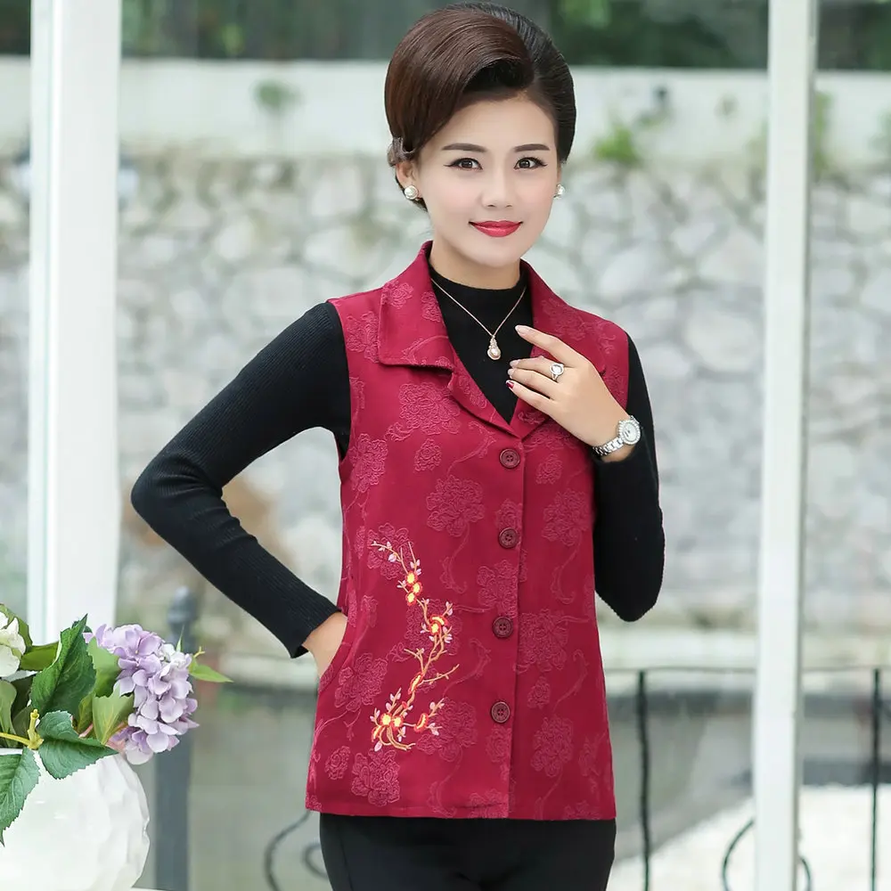 Oriental Style Woman Jacquard Vest Green Blue Red Chinese Flower Pattern Embroidery Waistcoat Women Elegance Vests Autumn Gilet