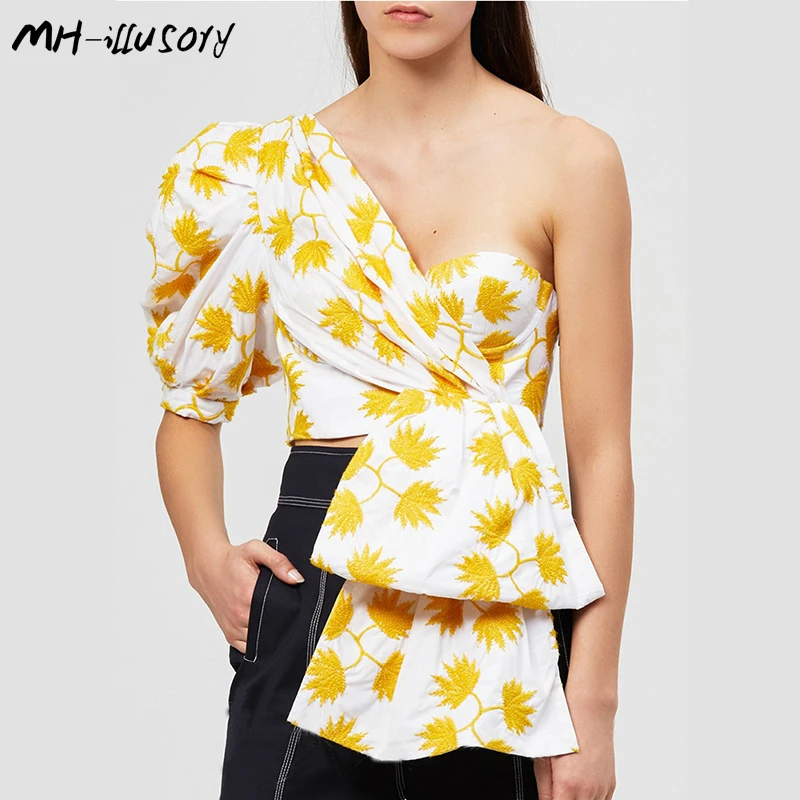 

2019 Women Fashion Sexy One Sleeve Plaid Pattern Bluoses Top Shirt Embroidery Backless One Shoulder Asymmetrical Crop Top