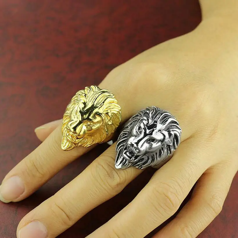 Men's Golden Lion Head Ring Cast Animal Titanium Steel Ring Blackened