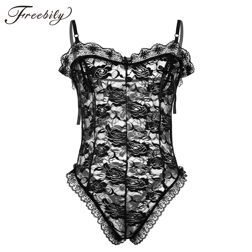 

New Male Mens One-Piece Crossdress Lingerie Floral Lace See Through Mesh Sissy Pouch Bodysuit Sexy Mens Lingerie Nightwear