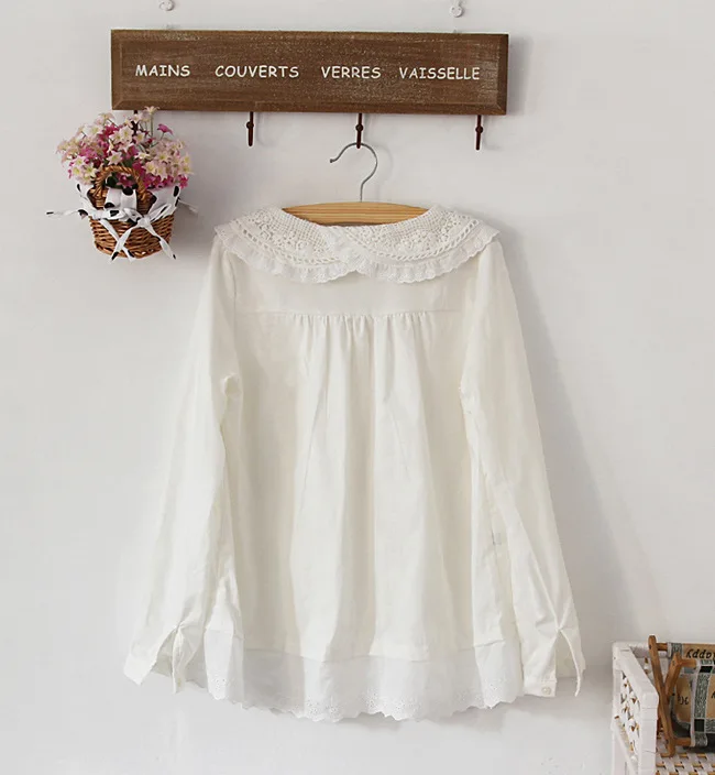 Япония Мори девушка Лолита стиль сладкий чистый хлопок белая рубашка Peterpan Воротник с длинными рукавами вышивка Свободная рубашка 4XL Женская блузка