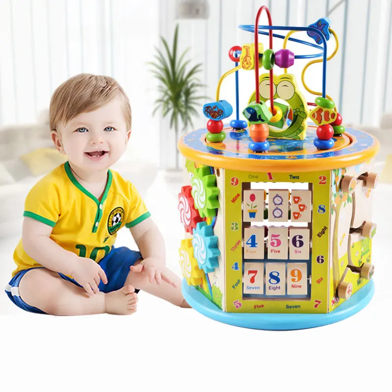 

1PC Children's wooden multi-function hexahedron beaded beaded treasure chest with music baby puzzle toy