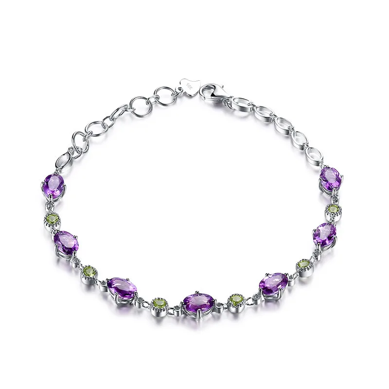 

925 Sterling SilverElegant Natural Purple Crystal Plum Peridot String Bracelet For women