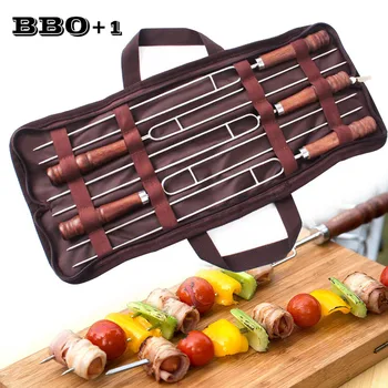 

5pcs 16.5''(42cm) U shape BBQ Skewers Stainless steel Barbecue Kebab Skewer Wood Handle BBQ Forks Portable Travel Storage Bag