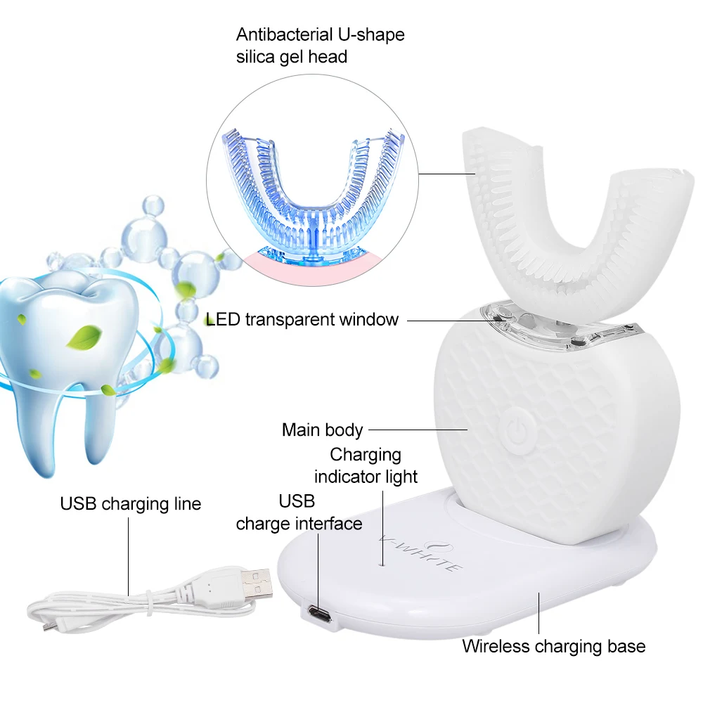 U Тип 360 градусов автоматическая электронная зубная щетка перезаряжаемый звуковой зубная щетка USB Силиконовая щетка зубные головки уход умный