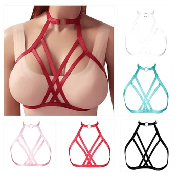 

Pink Body Harness Bondage Soft Strappy Hollow Out Cage Bra Adjust Goth Plus Size Tops Dance Festival Rave Lingerie for Women