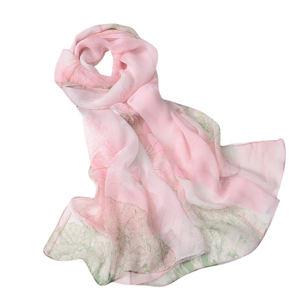 Шарфы 2018 г. женские модные femme шелковый шарф квадратный платок шарф Lotus печати длинные мягкие Обёрточная бумага Дамская шаль вуаль PSEPO3