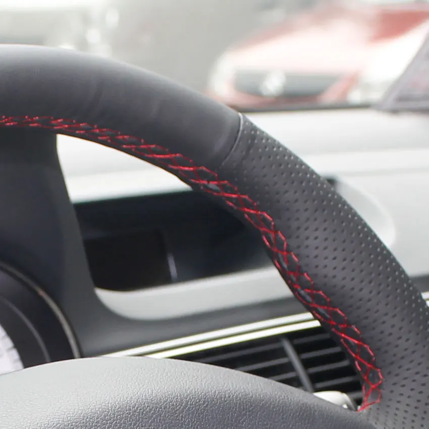 Чехлы на руль чехол для Mitsubishi Lancer EX Outlander ASK многофункциональные кнопки настоящий кожаный автостайлинг чехлы - Название цвета: Red thread Holes