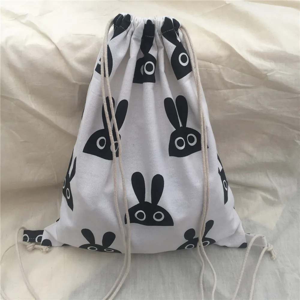 

YILE Cotton Linen Drawstring Backpack Travel Bag Student Book Bag Printed Black Bunny Head