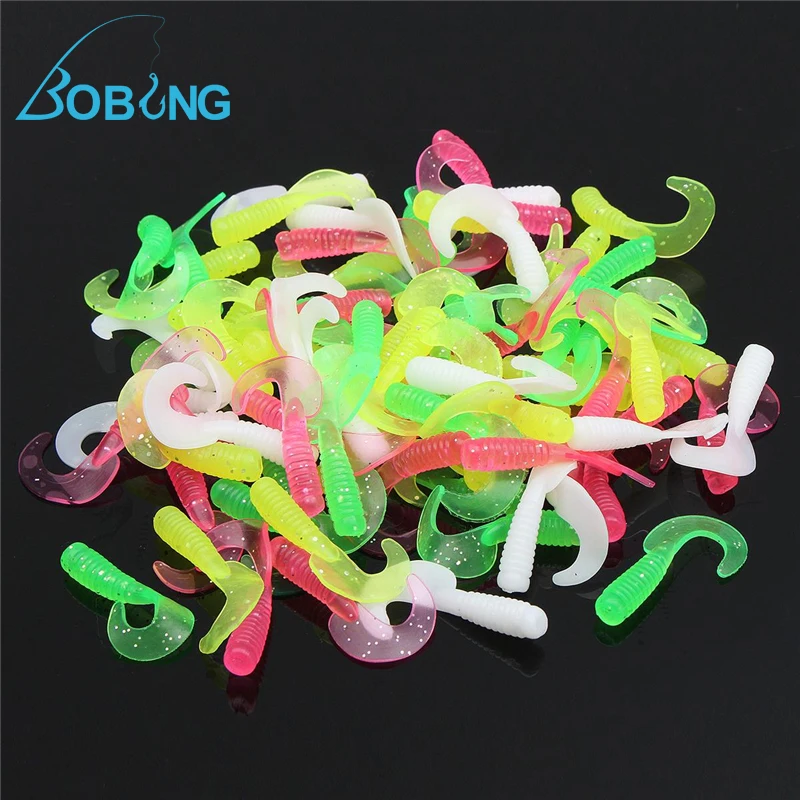 

Bobing 100Pcs/lot Mixed Color Soft PVC Single Curl Tail Grub Worms Fishing Lures Baits Hook Spinner Spinners