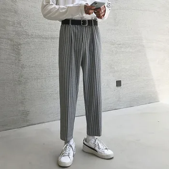 

Men Clothing Vintage Fashion Casual Stripe Pant Male Streetwear Hip Hop Straight Suit Pants Loose Harem Trousers