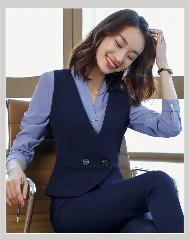 Блейзер+ жилет+ брюки) женские наборы из трех частей брючные костюмы офисные для женщин большие размеры дамские 3 часть брючный костюм черный синий