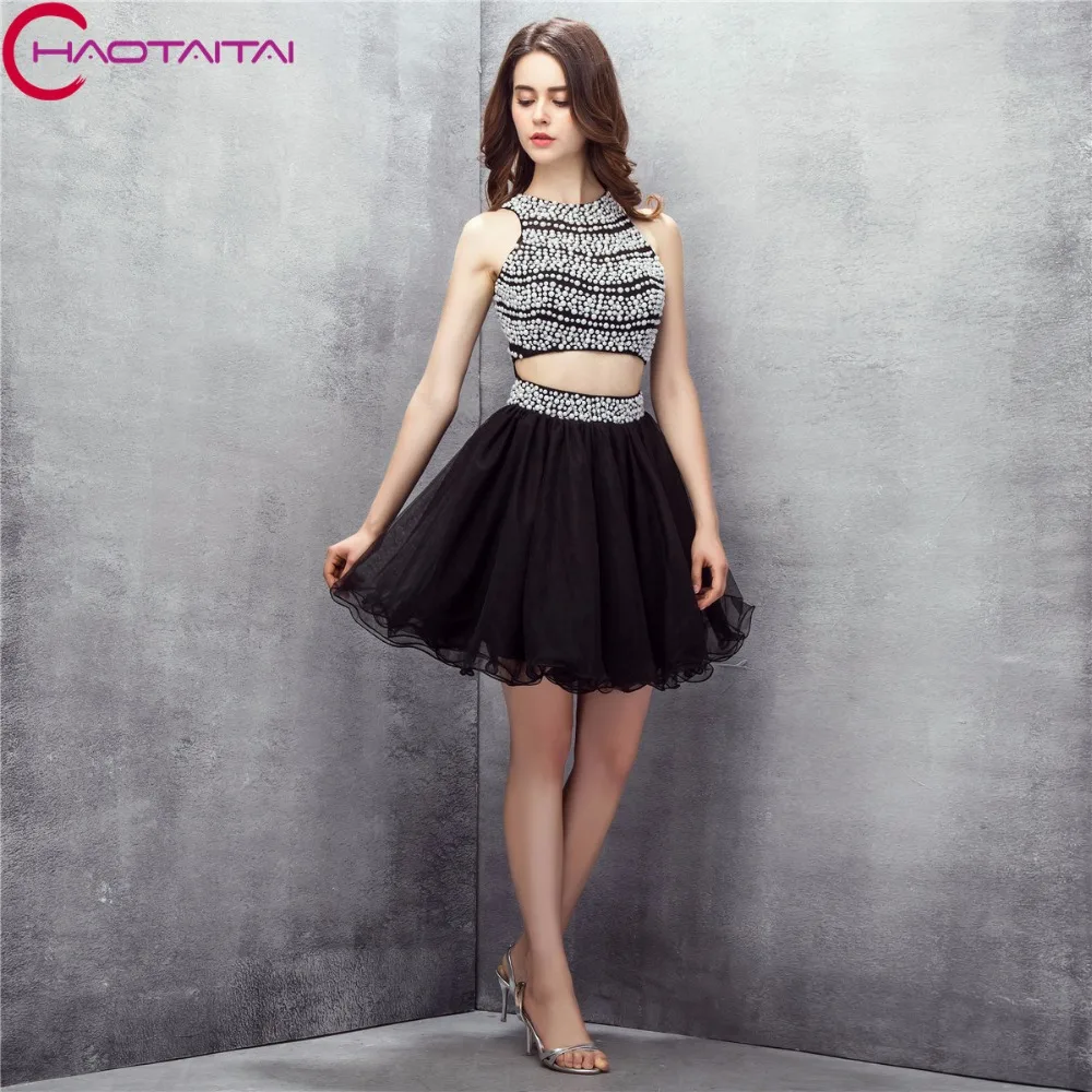 Black Two Pieces Short Cocktail Dresses 2018 Crystals Top Tulle Skirt