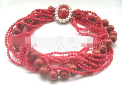 

N2476 Beautiful 10row 18" 4-5mm & 14mm round red coral necklace - pearl clasp N Discount (A0325)