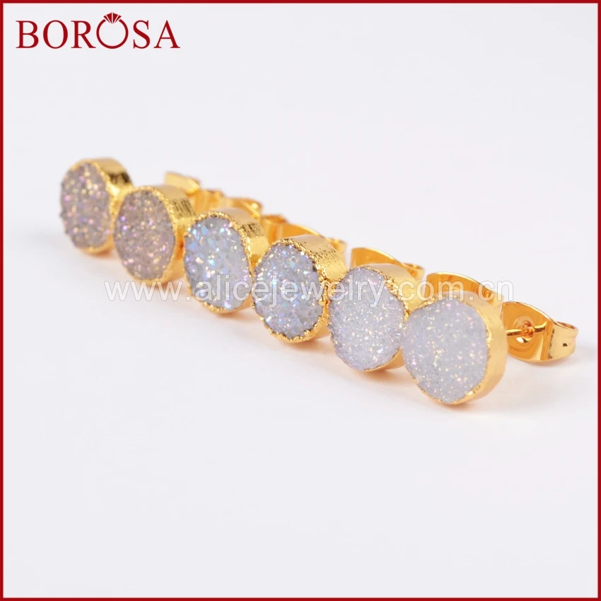 BOROSA, 1 пара, 8 мм, золотой цвет, круглый натуральный камень, титан, AB, Druzy Geode, серьги-гвоздики, новинка, Drusy, серьги, ювелирное изделие для женщин, G0680