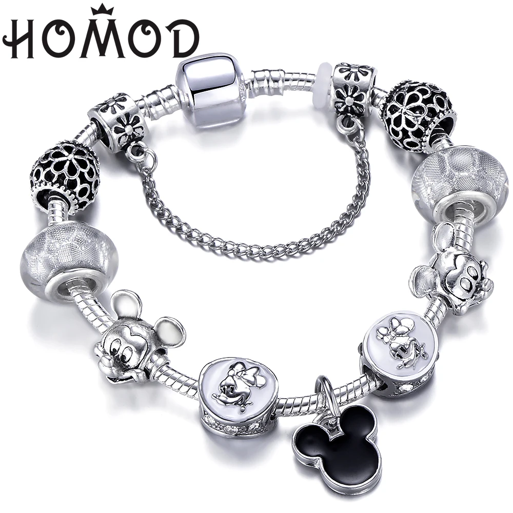 

Hot Sale Cute Mickey Minnie Charm Bracelets With Enamel Beaded Brand Bracelet For Women Femme Wedding Handmade Jewelry Gifts