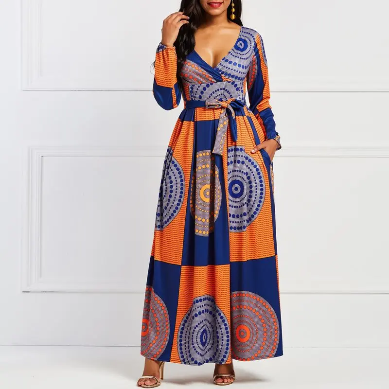 

Summer African Elegant Orange Office Ladies Women Long Dresses High Waist Geometric Pocket Print Female Dinner Party Maxi Dress