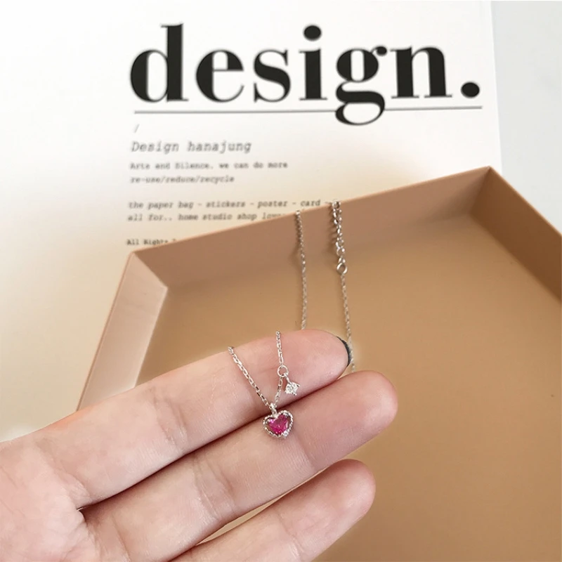 Clavicle Chain Short Girl Heart Retro Red Gift 925 Sterling Silver Temperament Personality Fashion Female Necklace SNE071 - Image 5