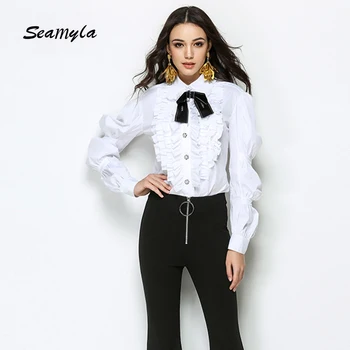 

Seamyla Brand New Fashion Runway Blouse Elegant Long Sleeve White Top Shirts Women Ruffle Winter Office Casual Blouses 2017