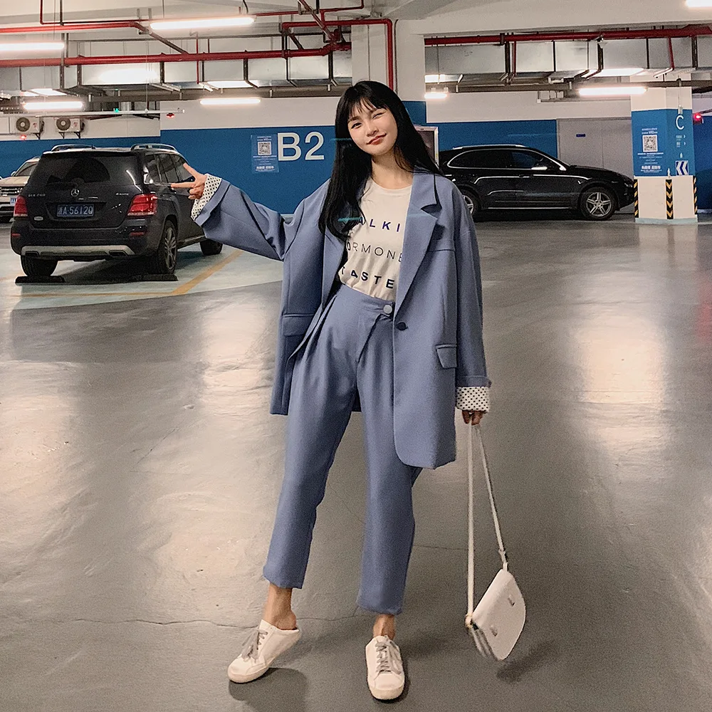Set female pants suit 2019 new small suit Korean version of the large size loose casual suit jacket Slim nine pants two sets