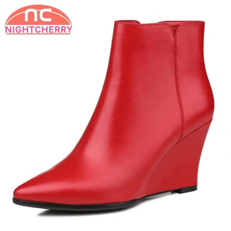 

NIGHTCHERRY Size 34-40 Female Real Leather Wedges Ankle Boots Women Pointed Toe Zip Shoes Women Thick Fur Winter Warm Footwear