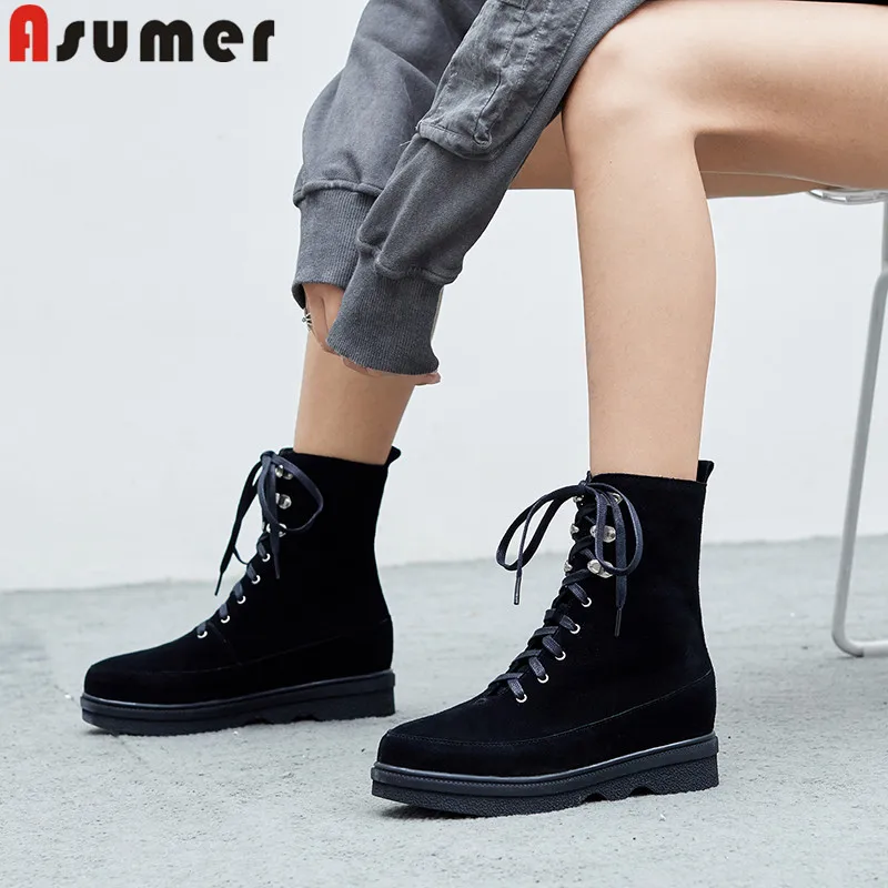 

ASUMER 2020 fashion ankle boots for women round toe lace up suede leather boots casual height increasing ladies boots prom shoes