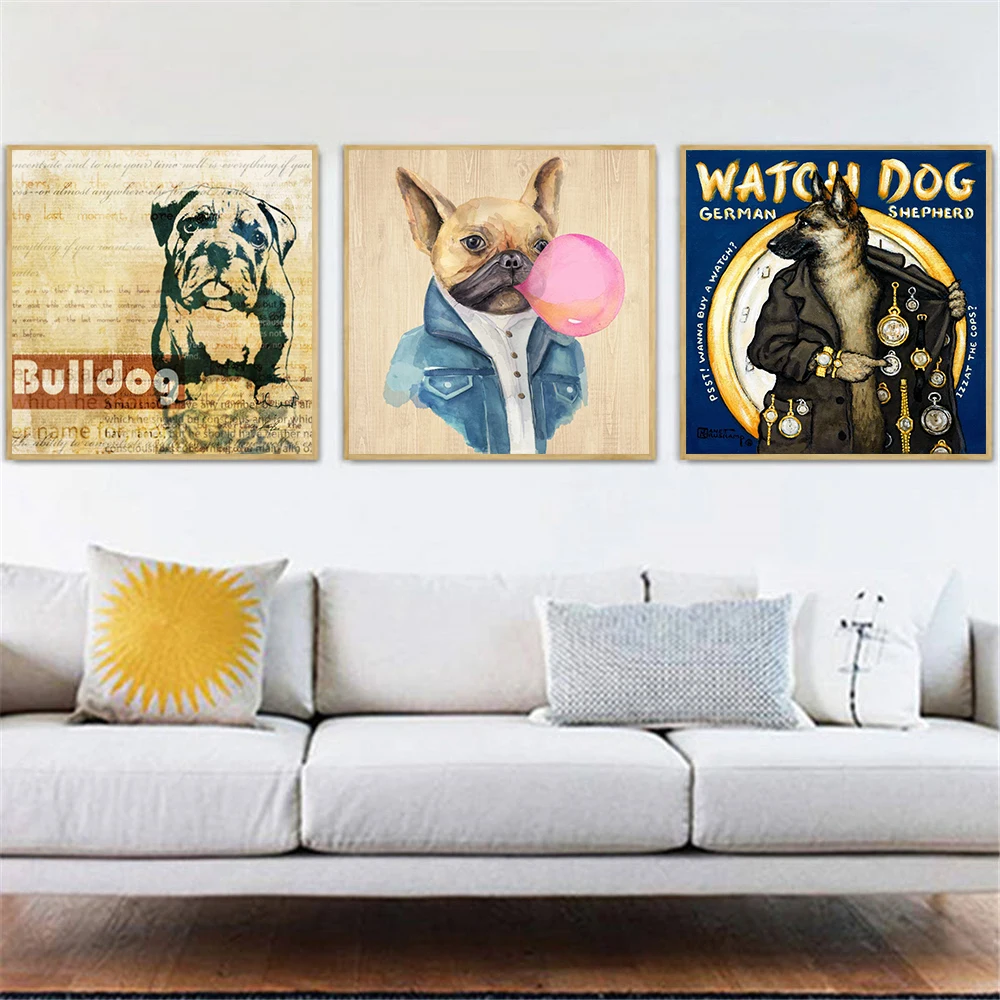 Cute Poster Prints Bulldog Funny Dog Painting Wall Art Canvas Pictures for Living Room Home ...