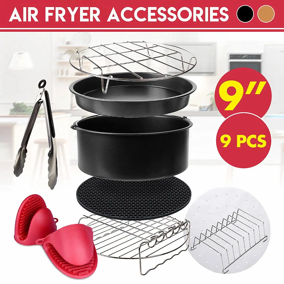 

Newest 9 Pcs set 9'' Non-stick Air Fryer Accessories Barbecue, Baking, Kitchen Cooking Accessories for 5.3QT to 6.8QT Air Fryer
