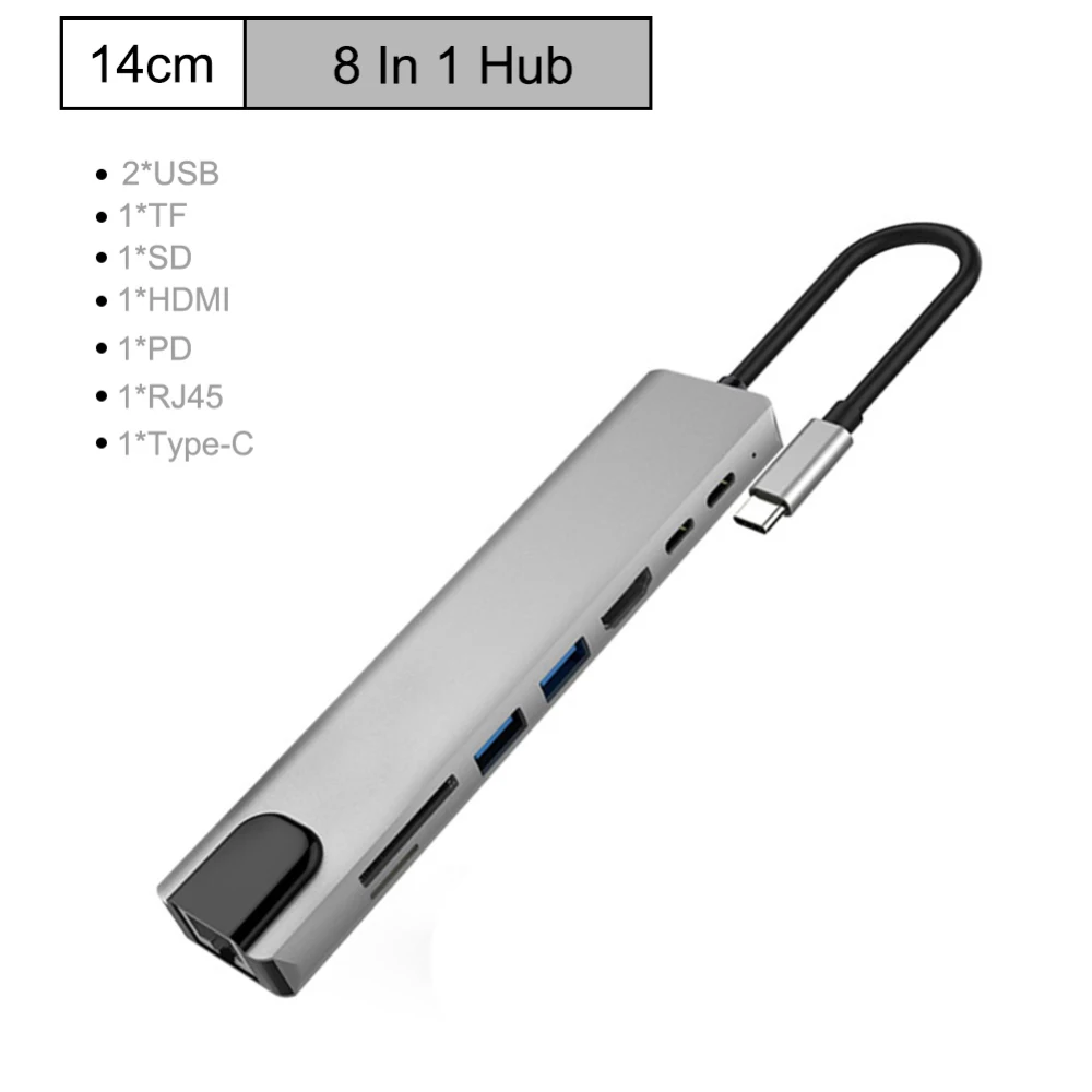 Концентратор 8-в-1 Тип C концентратор USB кабель-Переходник USB C на я RJ45 HDMI USB 3,0 Порты USB 2,0 Порты и разъёмы с концентратор 3,0 TF считыватель SD карт PD