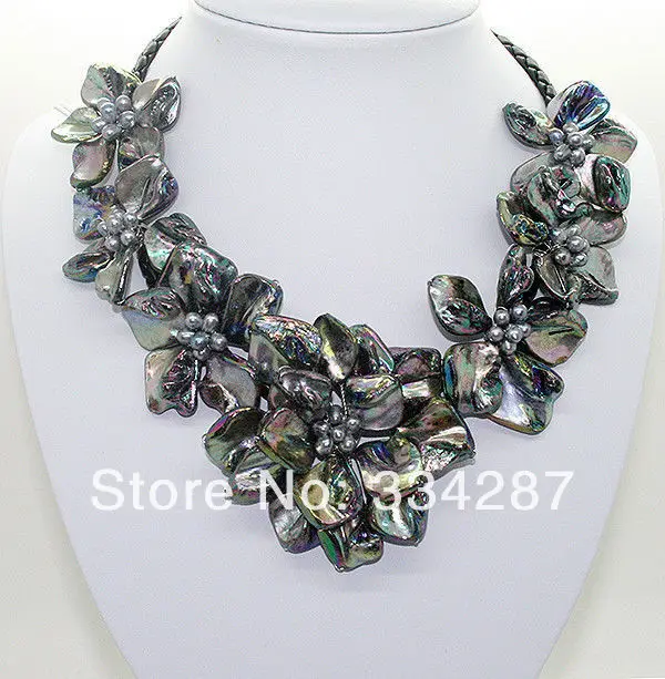 

natural Black pearl black shell mother of pearl 7 flower pendant necklace