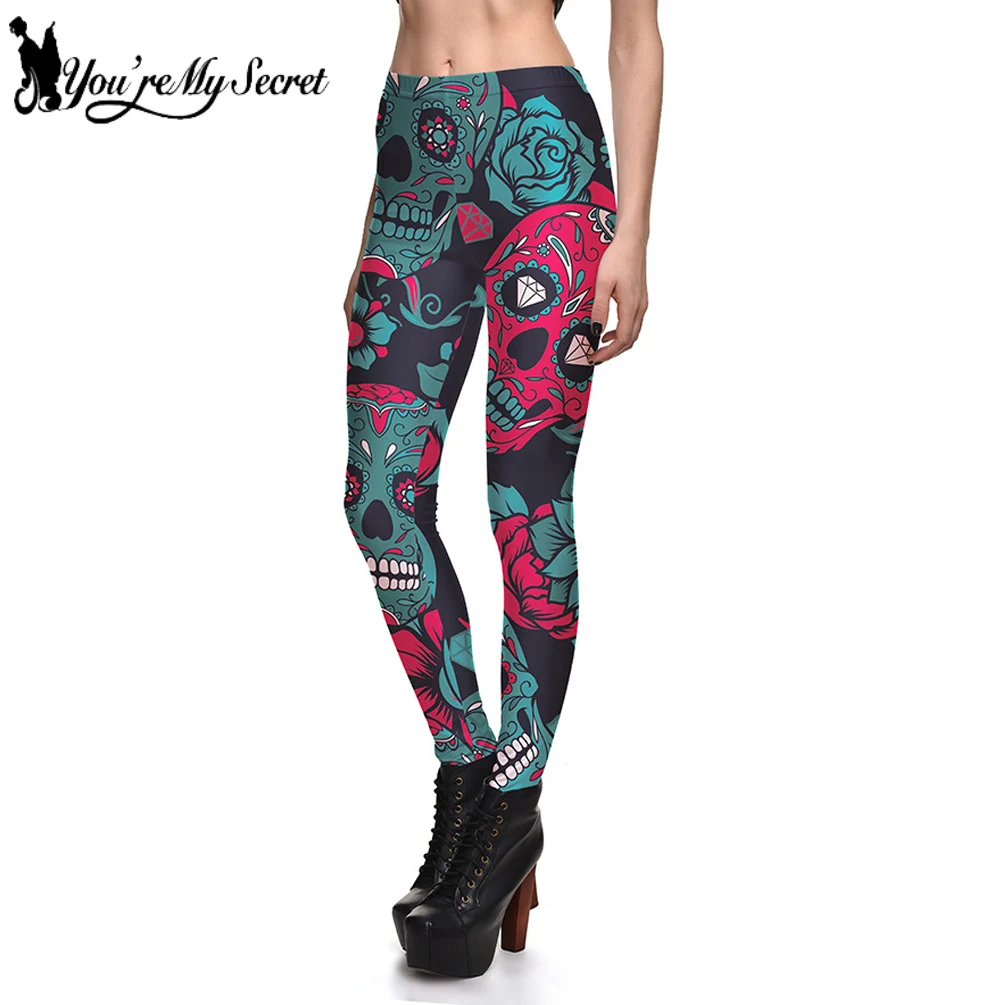 

[You're My Secret] 2021 New Gothic Style Legging Red Green Skull Printed Pants Fashion Colorful High Waist Leggins