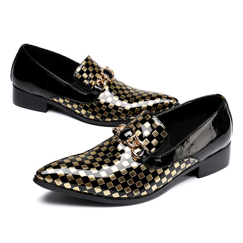 Sl107 Hochzeit Mann Strass On Schuhe Faulenzer Plaid Runway Schwarzes Slip Size Italienische Spitzschuh Plus Rocker Lackleder Herren IAXxZwq