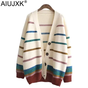 

AIUJXK Autumn 2019 Fashion Rainbow Striped Cardigan Women Loose Casual Knitting Sweaters Winter Warm Female Korean Style Coat