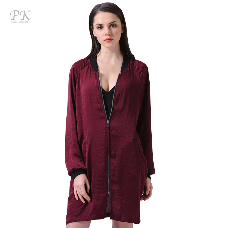 

PK oversized long bomber jacket women spring basic coats 2018 100% polyester satin chiffon raglan sleeve womens spring jackets