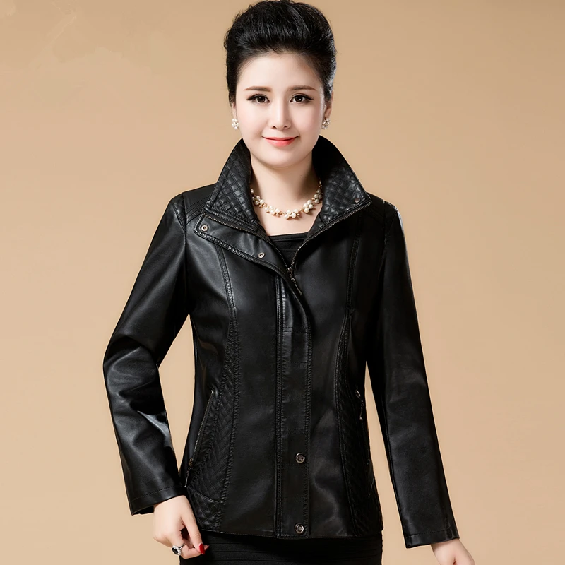 

2017 New Fashion Women Faux Soft Leather Jackets Ladies Elegant Pu Leather Zippers Black Coat Female Outerwear Plus Size 6XL
