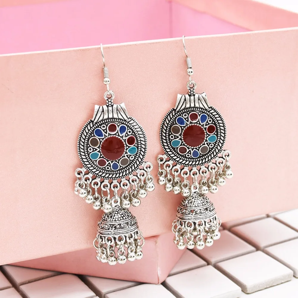 Этнические индийские Jhumka Jhumki винтажные Серебряные Колокольчики массивные цветочные длинные висячие мексиканские цыганские серьги окисленные ювелирные изделия в стиле бохо