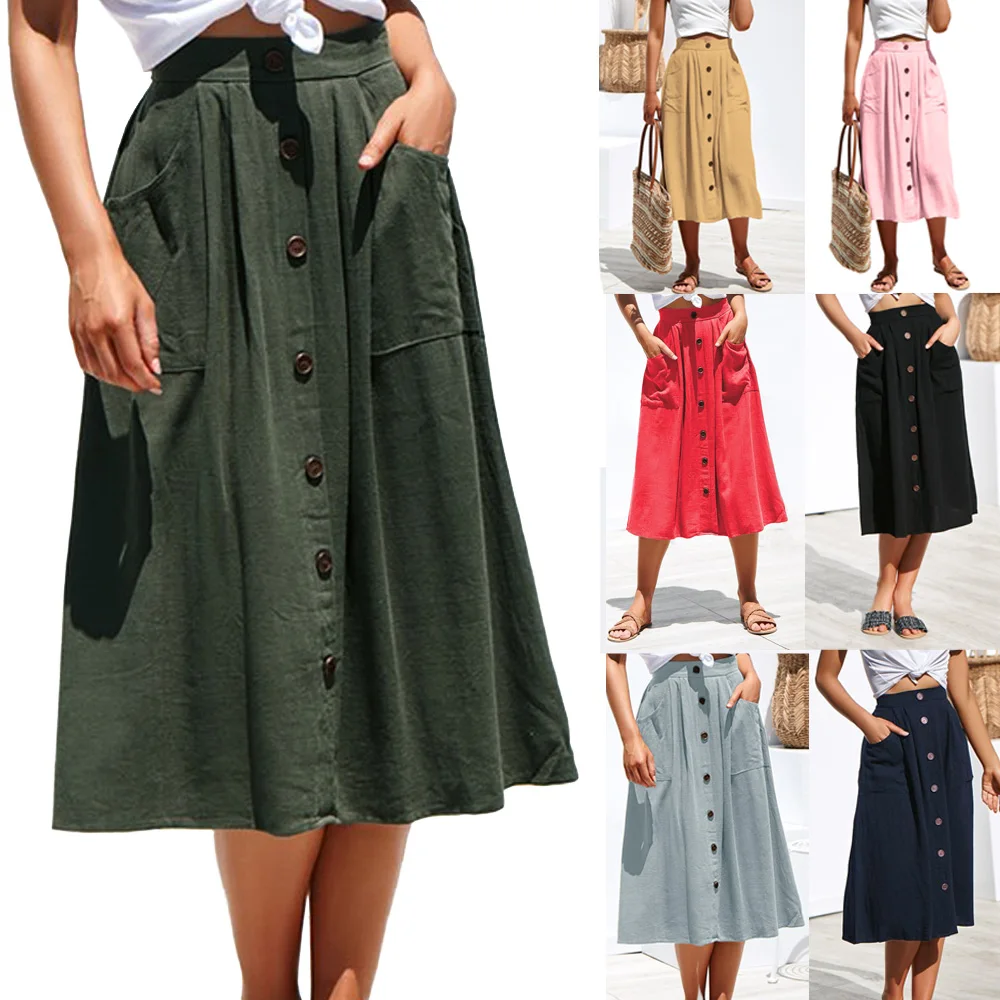 

2019 Women Midi Skirt High Quality Cotton Summer Autumn Casual Yellow Pink Mid-Calf Skirt Button Elastic Waist eDressU SJ-CF1858