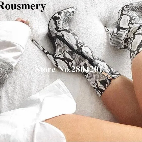 

Rousmery Sexy Snakeskin Printed Nightclub Ankle Boots Women Stiletto Thin Heel Pointed Toe Zipper Detail Strip Shoes Women