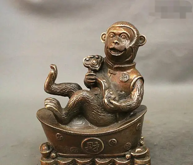 

free 7 China Feng shui Copper Bronze Auspicious Ruyi Wealth Coin YuanBao Monkey Statue fast