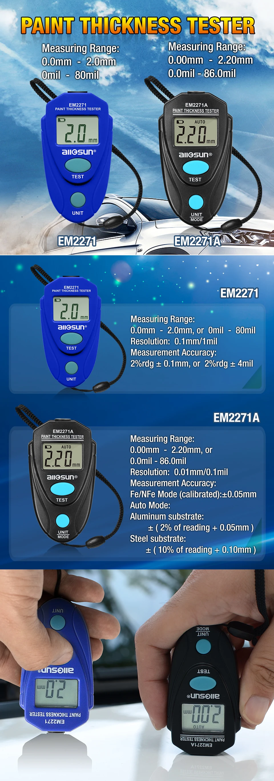 ALL SUN EM2271A Upgrated Digital Thickness Gauge Fe/NFe 0.00-2.20mm Coating Meter Car Thickness Meter