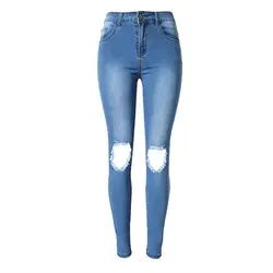 Мода Высокая талия джинсы с рваной отделкой женщина рваные карандаш Штаны отверстие джинсы для женщин denim джинсовые брюки узкие джинсы