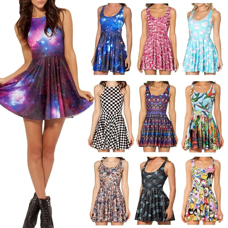 

New 2014 Summer Skater Dress Black Milk Galaxy Purple Print Dresses For Girl Women Black Milk Skater Dress Novelty Vestidos
