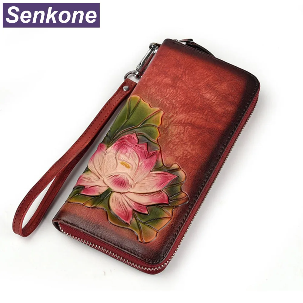 

Vintage Women Wallet Genuine Leather Luxury Long Clutch Wristlet Printing Floral Female Card Holder Wallet Embossing Purse