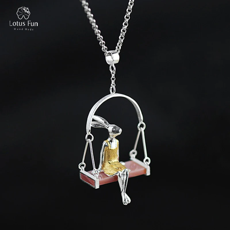 Lotus Fun Brand Real Sterling Silver 925 Pendant for Women Fine Jewelry Animal Rabbit Swing Handmade Pendant Girl Gift Wholesale