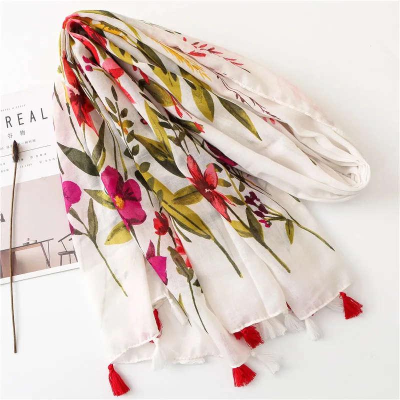 Дизайн, цветочный шарф-вуаль, хлопковая накидка с кисточками, цветочный принт, большие палантины, Женский хиджаб, шаль